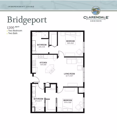Floor plan of the Bridgeport apartment at Clarendale of Addison showing a 1200 square foot independent living unit with two bedrooms, two bathrooms, a kitchen, and a living room.