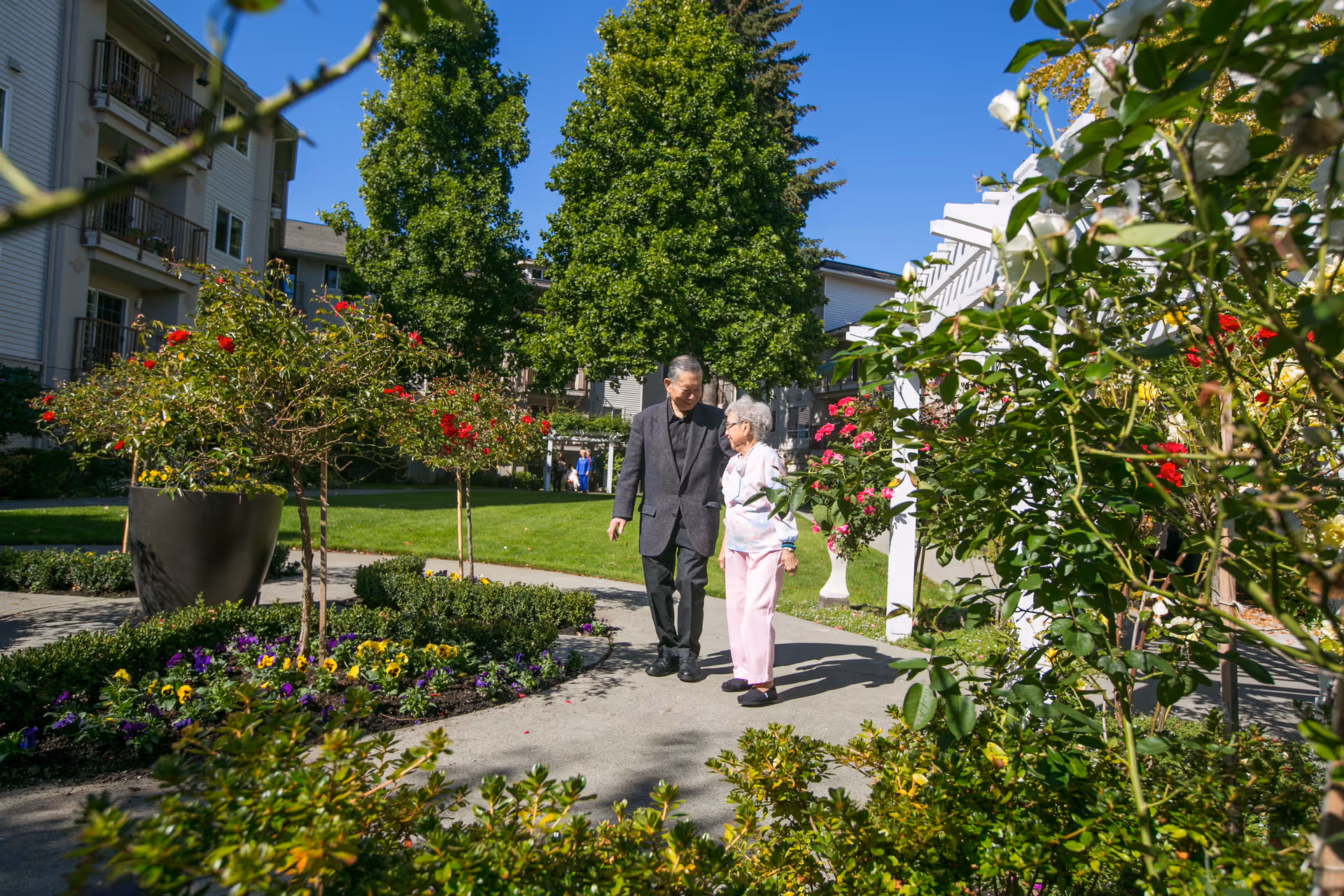 An elderly man and woman walking together on a paved path in a garden area with green trees, colorful flowers, and residential buildings in the background under a clear blue sky.