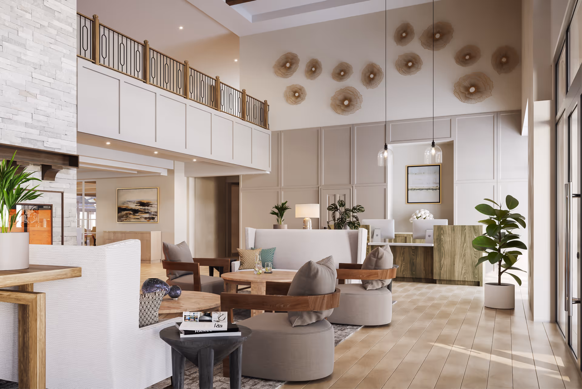 Spacious, light-filled senior living lobby with comfortable seating, a reception desk, tall windows and decorative wall art.