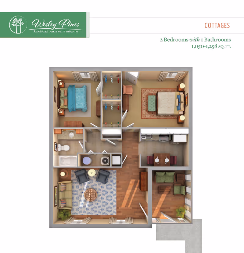 3D top-down floor plan of a two-bedroom, one-bath cottage showing living room, dining area, kitchen, bathroom, bedrooms, and closets.