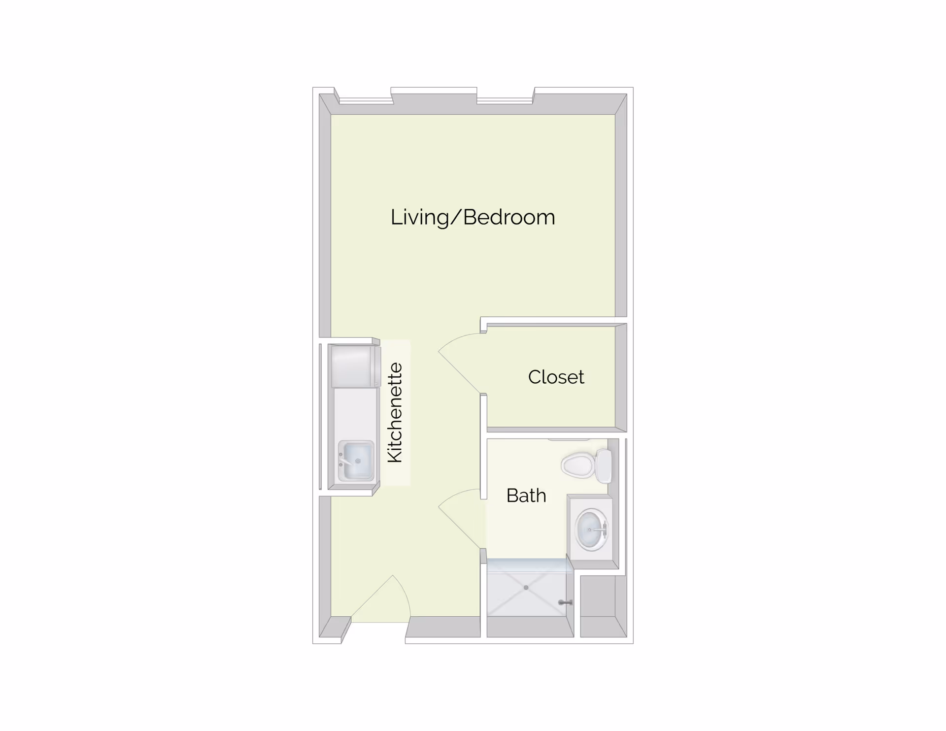 Floor plan of a studio apartment showing a living/bedroom area, kitchenette, closet, and bath.