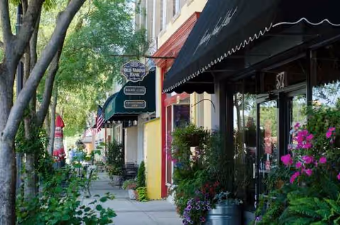 Tree-lined sidewalk with storefronts, awnings, and flowering plants on a quaint street.