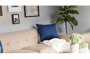 Beige sofa with a blue pillow and throw blanket in a living room with wall art, a potted plant, and decorative vases on a coffee table.