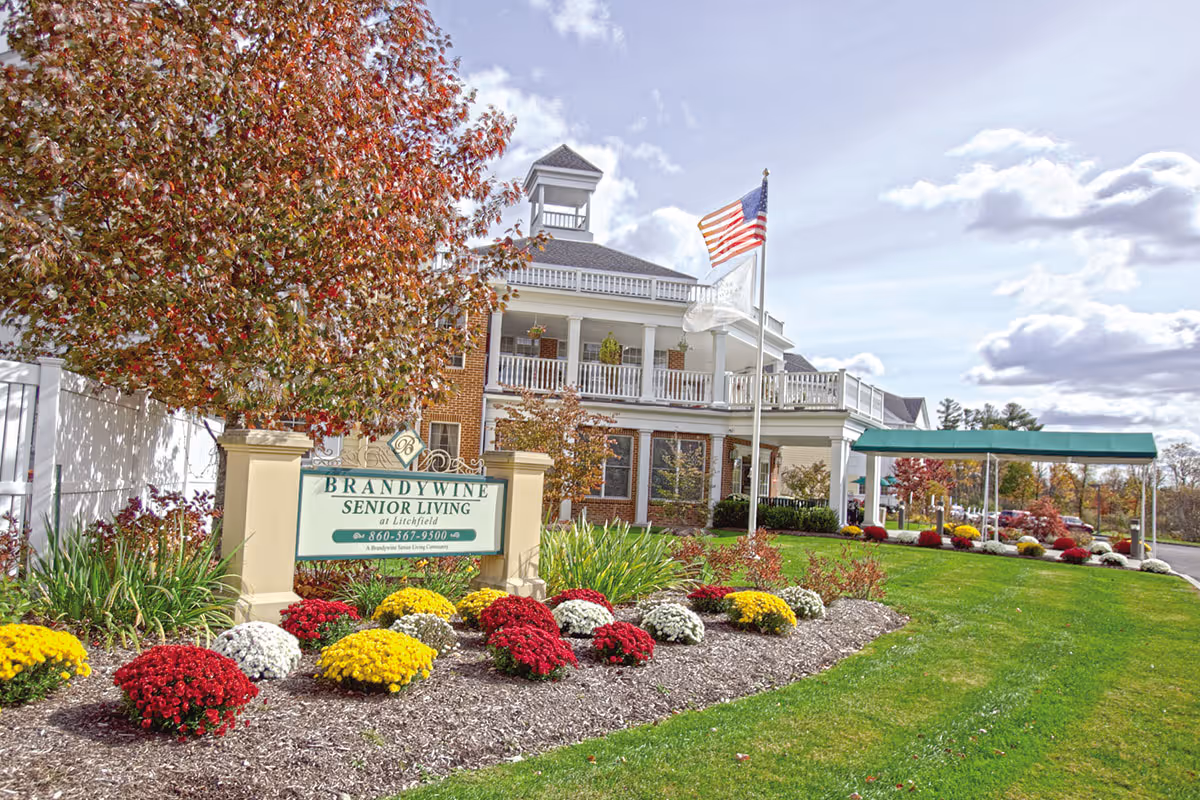 Exterior view of Brandywine Senior Living at Litchfield building with a well-maintained garden featuring colorful flowers and a sign displaying the facility's name and phone number. An American flag flies on a flagpole near the entrance, and a covered driveway is visible to the right.