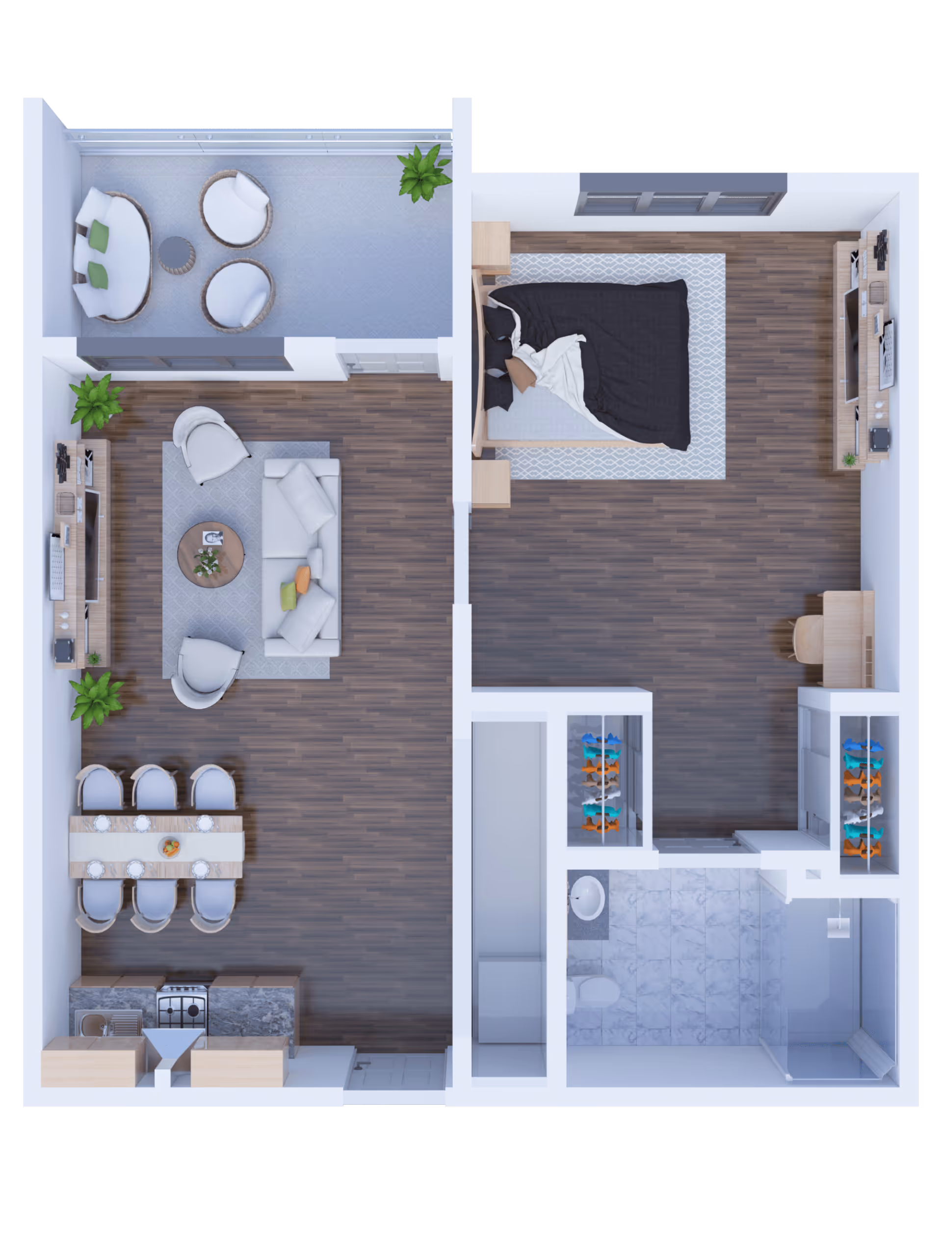 Top-down rendered one-bedroom apartment floor plan showing a living room, dining area, kitchen, bedroom, bathroom, closets, and a balcony.