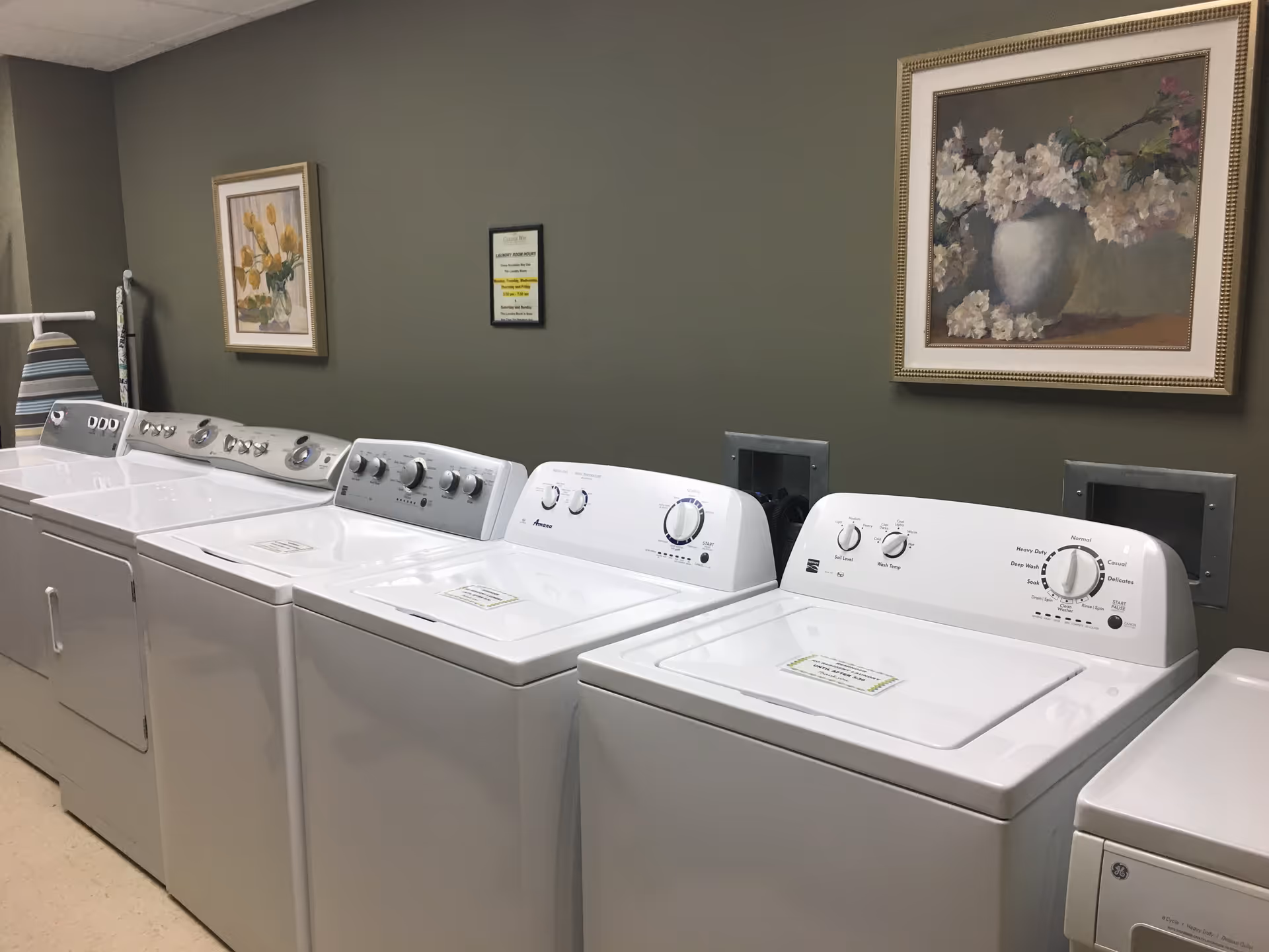 Laundry room with a row of white washing machines and dryers against a green wall. Two framed floral paintings hang on the wall above the machines, and an ironing board is visible on the left side.