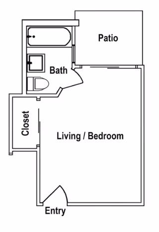 Floor plan layout showing an entry leading into a combined living and bedroom area, with a closet on the left side. There is a bathroom with a bathtub, sink, and toilet adjacent to the living/bedroom area. A patio is accessible from the living/bedroom space.