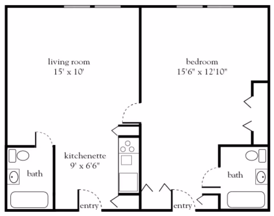 Floor plan layout showing a living room measuring 15 by 10 feet, a kitchenette measuring 9 by 6 feet 6 inches, a bedroom measuring 15 feet 6 inches by 12 feet 10 inches, and two bathrooms. The plan includes entry points and kitchen appliances.