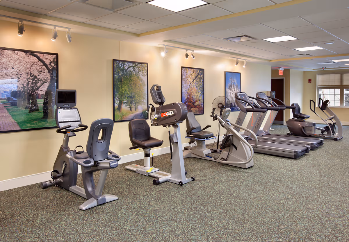 A fitness room with various exercise equipment including stationary bikes, treadmills, and strength training machines. The walls are decorated with large framed pictures of trees and nature scenes. The room has a patterned carpet and ceiling lights.