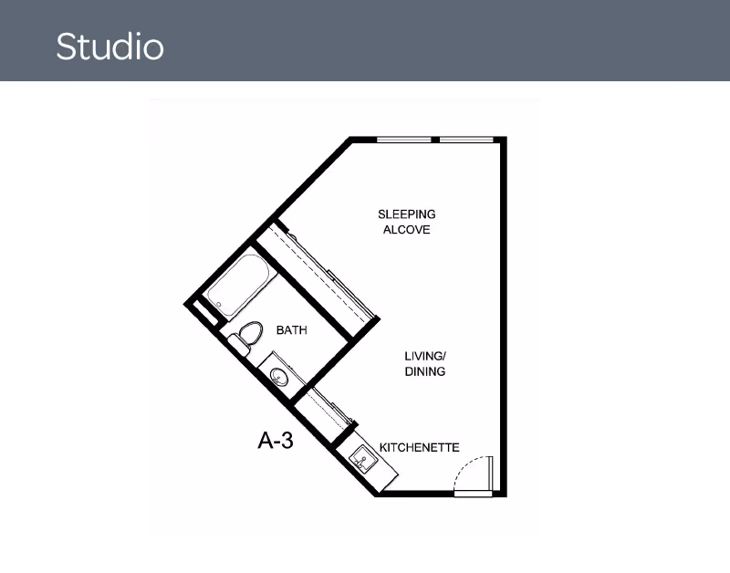 Floor plan of a studio apartment labeled A-3 showing a sleeping alcove, living/dining area, kitchenette, and a bath with a bathtub, toilet, and sink.