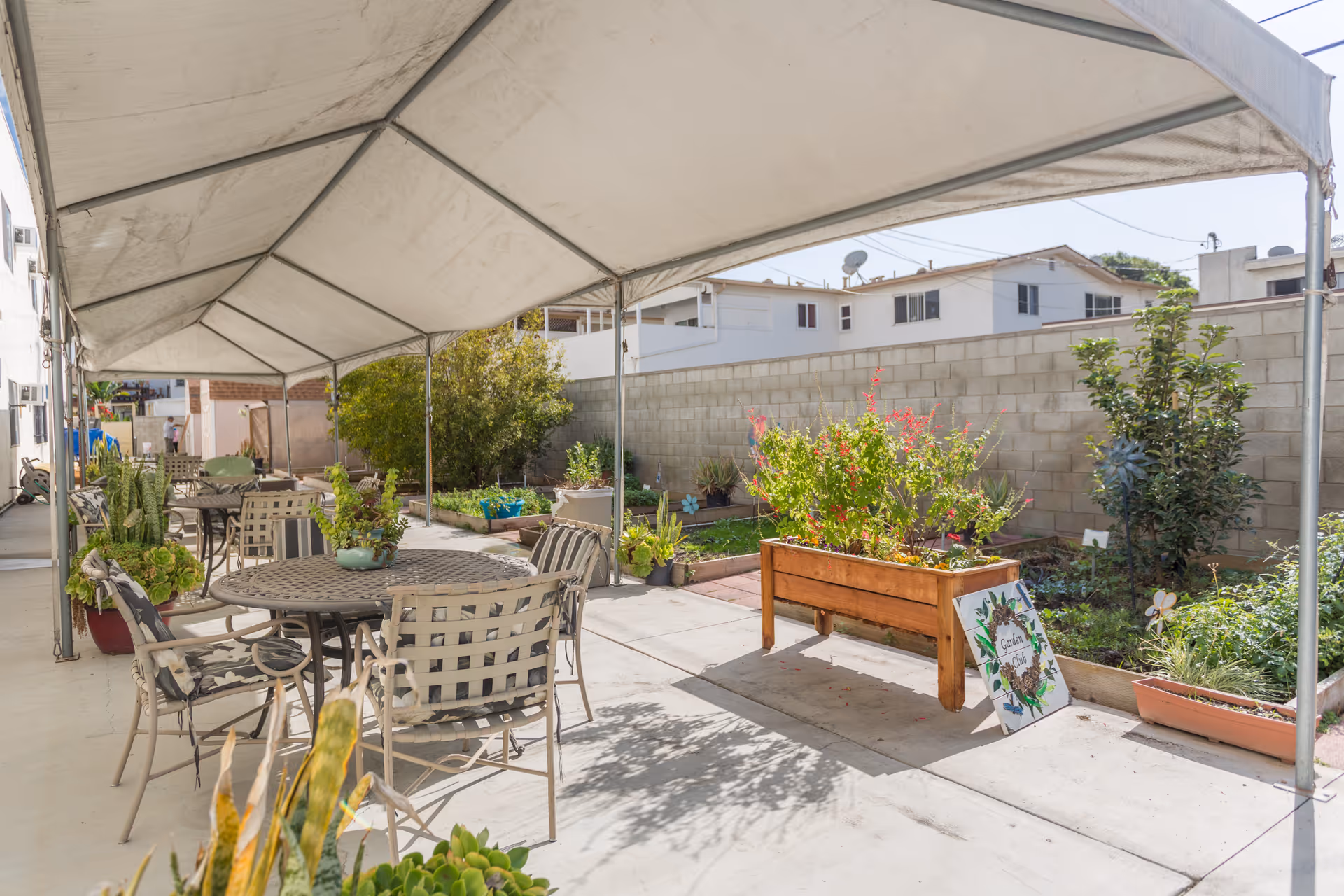 Outdoor covered patio area with metal tables and chairs surrounded by various potted plants and garden beds, adjacent to a concrete block wall and residential buildings in the background.
