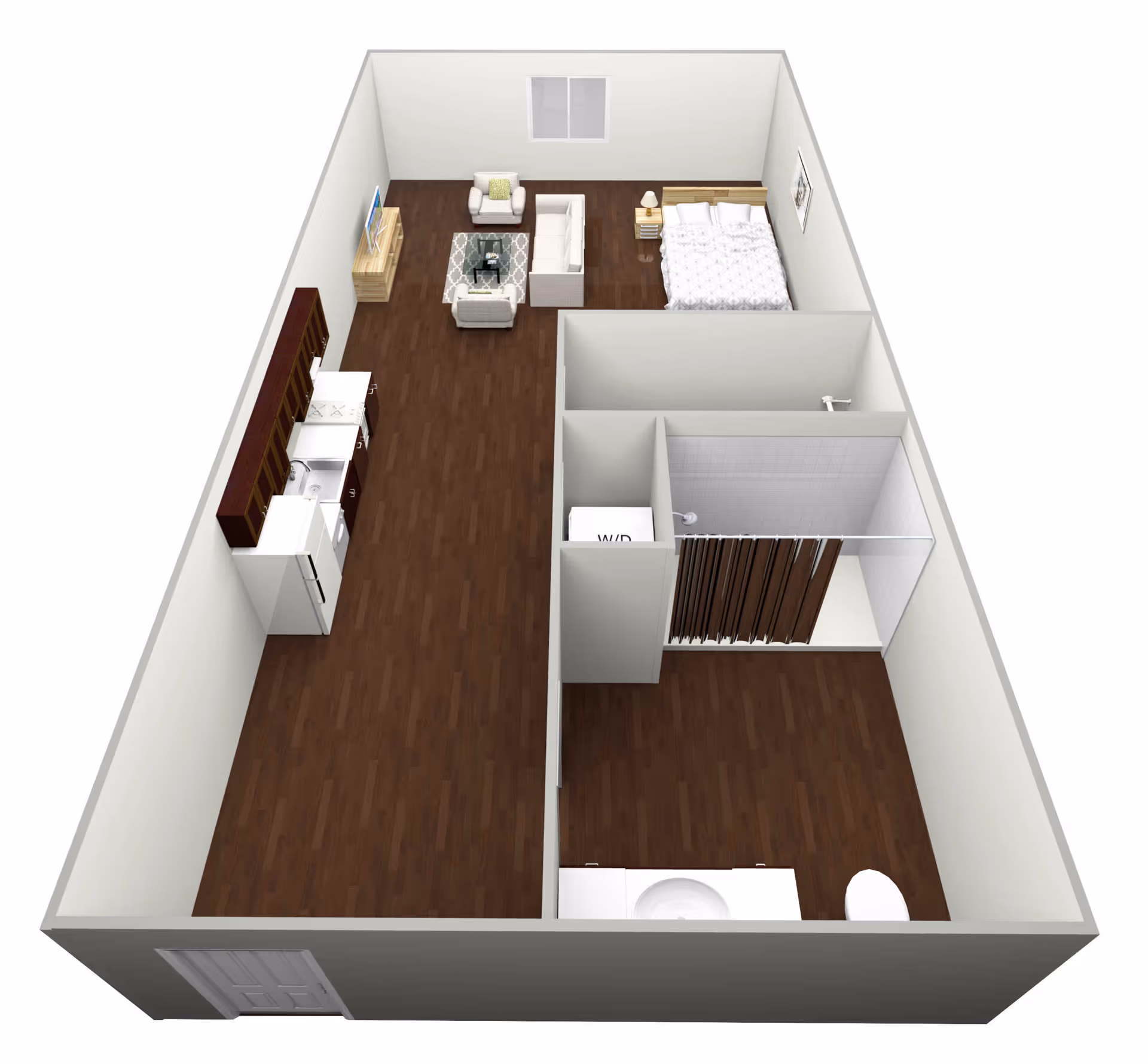 3D floor-plan rendering of a studio apartment with an open kitchen, living area, bed, bathroom, and a washer/dryer closet.