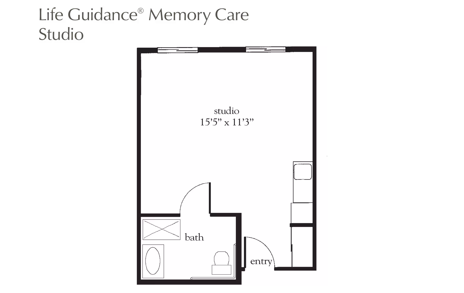 Floor plan of a Life Guidance Memory Care studio apartment at Atria Westchase, showing a studio room measuring 15 feet 5 inches by 11 feet 3 inches, a bathroom with a bathtub and toilet, and an entry area with a kitchenette.