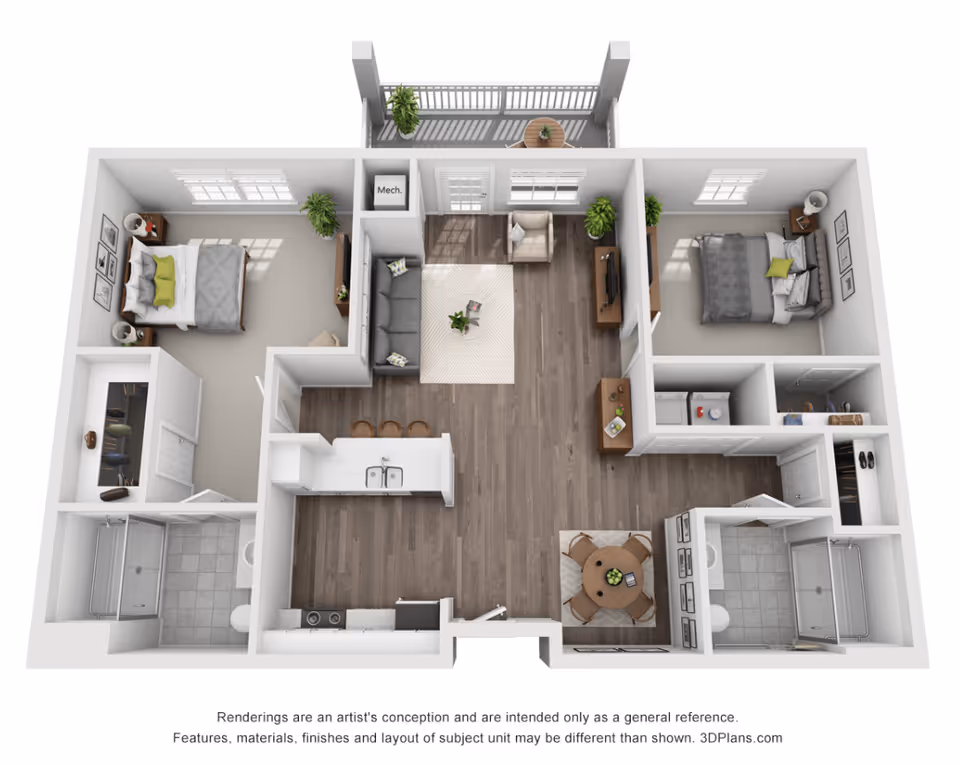 3D floor plan of an apartment unit featuring two bedrooms, two bathrooms, a living room with sofa and armchair, a kitchen with a sink and stove, a dining area with a round table and four chairs, a laundry area with washer and dryer, and a balcony with a small table and two chairs. The layout includes closets in both bedrooms and hardwood flooring in the living and dining areas.