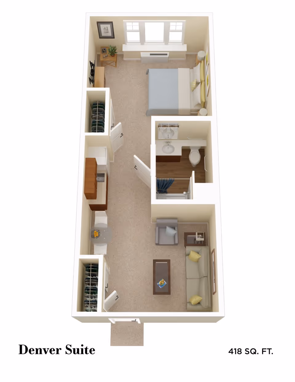 3D floor plan of the Denver Suite at Sunrise of North Wales, showing a 418 square foot layout with a living room area featuring a sofa, armchair, and coffee table, a bedroom with a bed and nightstands, a bathroom with a sink, toilet, and shower, a kitchen area with cabinets and a small dining table, and two closets.