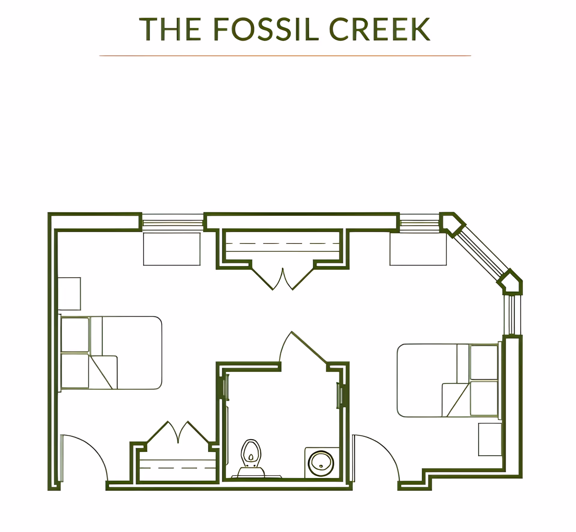 Floor plan titled 'The Fossil Creek' showing a layout with two bedrooms, a central bathroom with a toilet and sink, and closets in each bedroom.