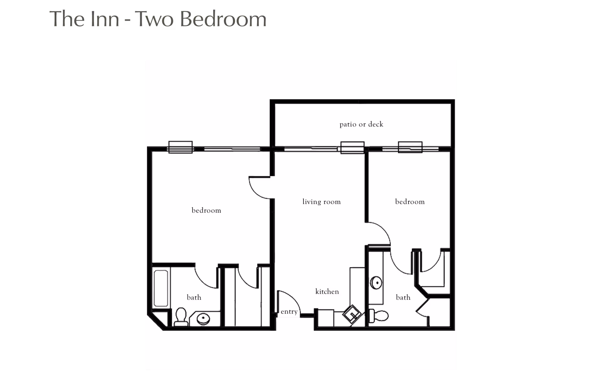Floor plan layout titled 'The Inn - Two Bedroom' showing two bedrooms, two bathrooms, a living room, kitchen, entry, and a patio or deck area.