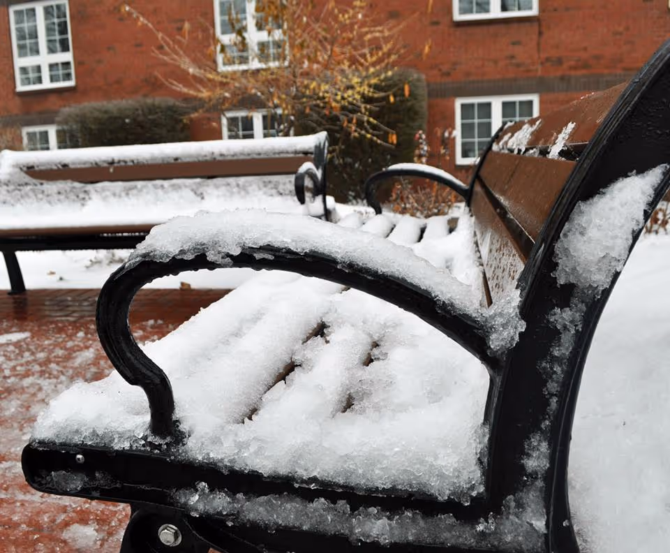 Close-up view of outdoor benches covered with a layer of snow in front of a brick building with windows and some bushes.