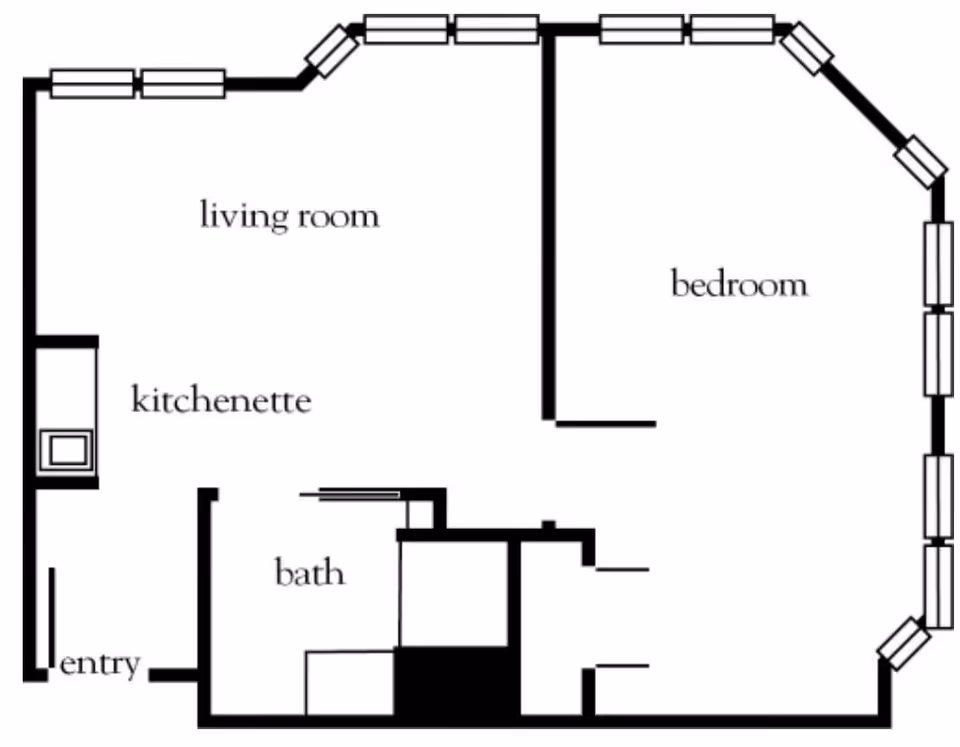 Floor plan layout of a senior living unit at Atria Park of Great Neck showing a living room, kitchenette, bedroom, bath, and entry area.