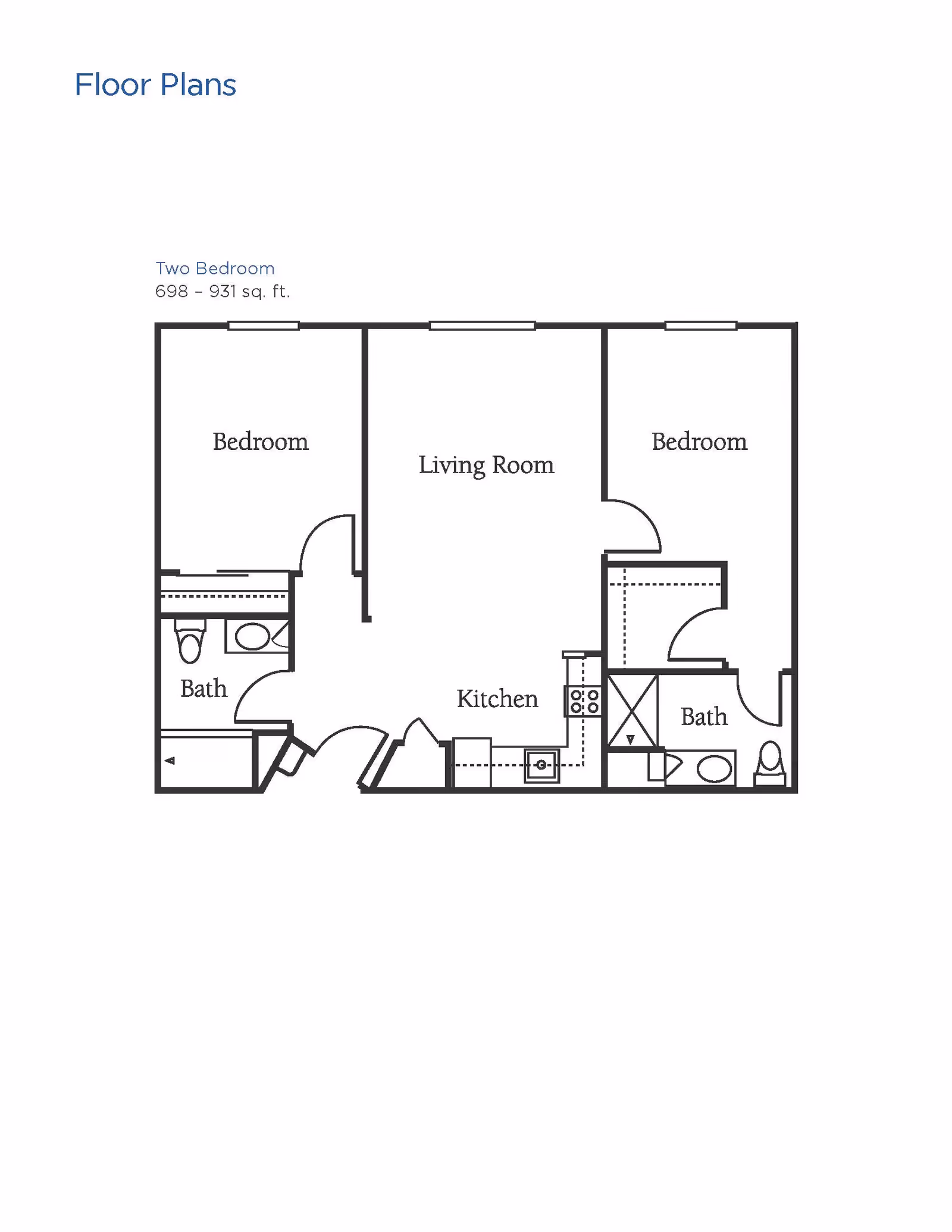 Floor plan of a two-bedroom apartment with a living room, kitchen, and two bathrooms. The layout shows the arrangement of rooms and fixtures within the apartment, with bedrooms on either side of the living room and bathrooms adjacent to each bedroom.