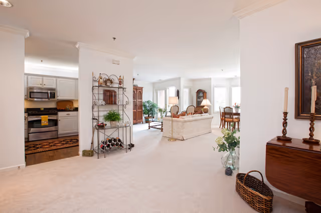 Bright and spacious interior of a senior living facility showing a kitchen area with stainless steel appliances on the left, a living room with a sofa and chairs in the center, and a dining area with a table and chairs in the background. The space is decorated with plants, a metal shelving unit with wine bottles, and various decorative items. The carpeted floor and white walls create a clean and welcoming atmosphere.