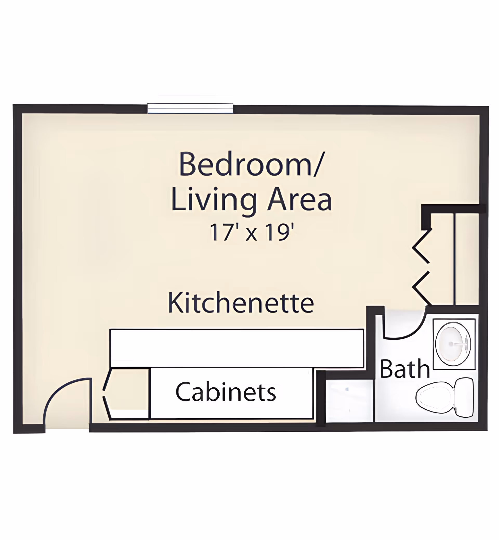 Floor plan of a studio apartment showing a 17' x 19' bedroom/living area, a kitchenette with cabinets, and a small bath.