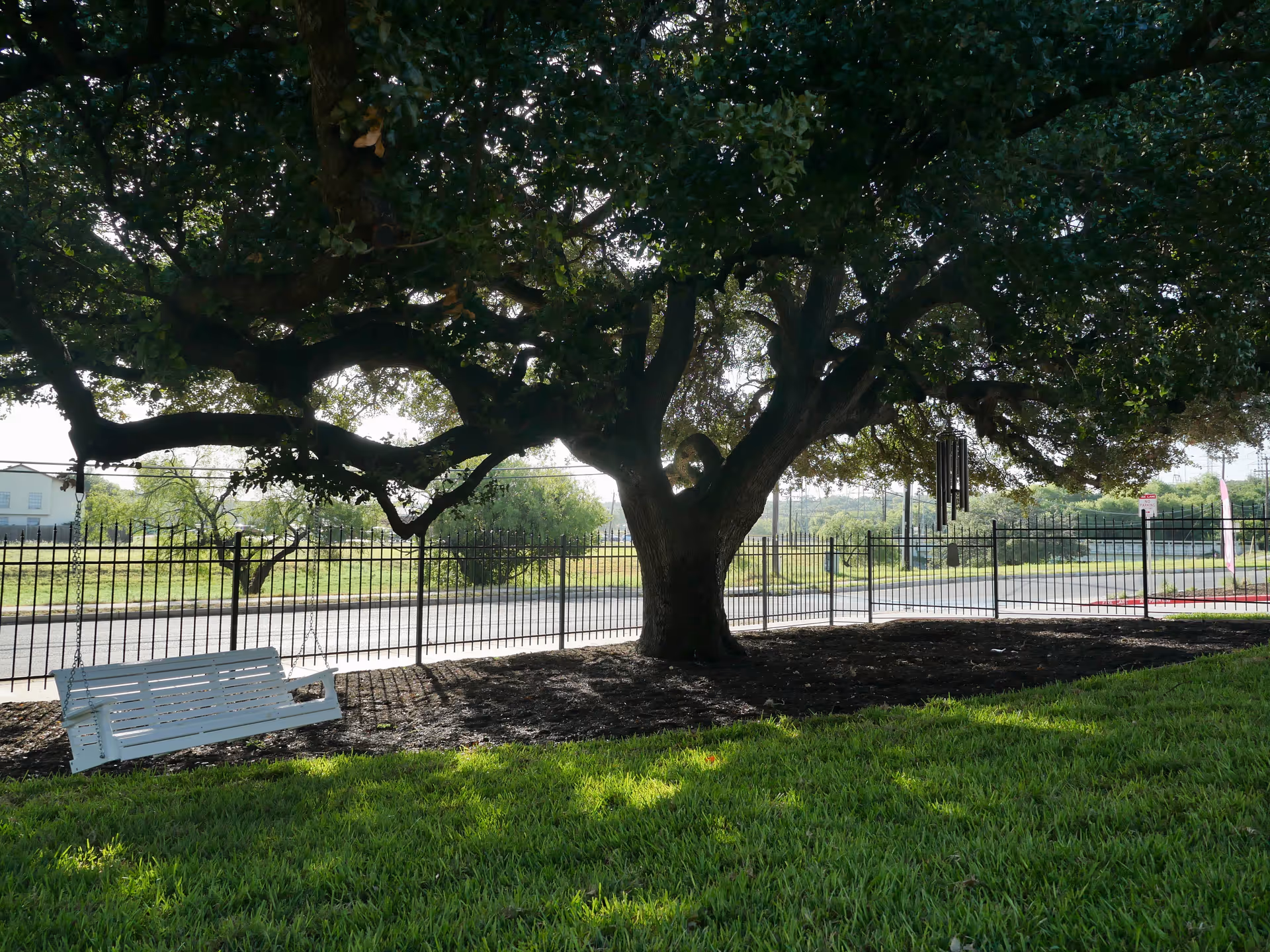 Large shaded tree with a white hanging porch swing and wind chimes near a metal fence and grassy lawn.