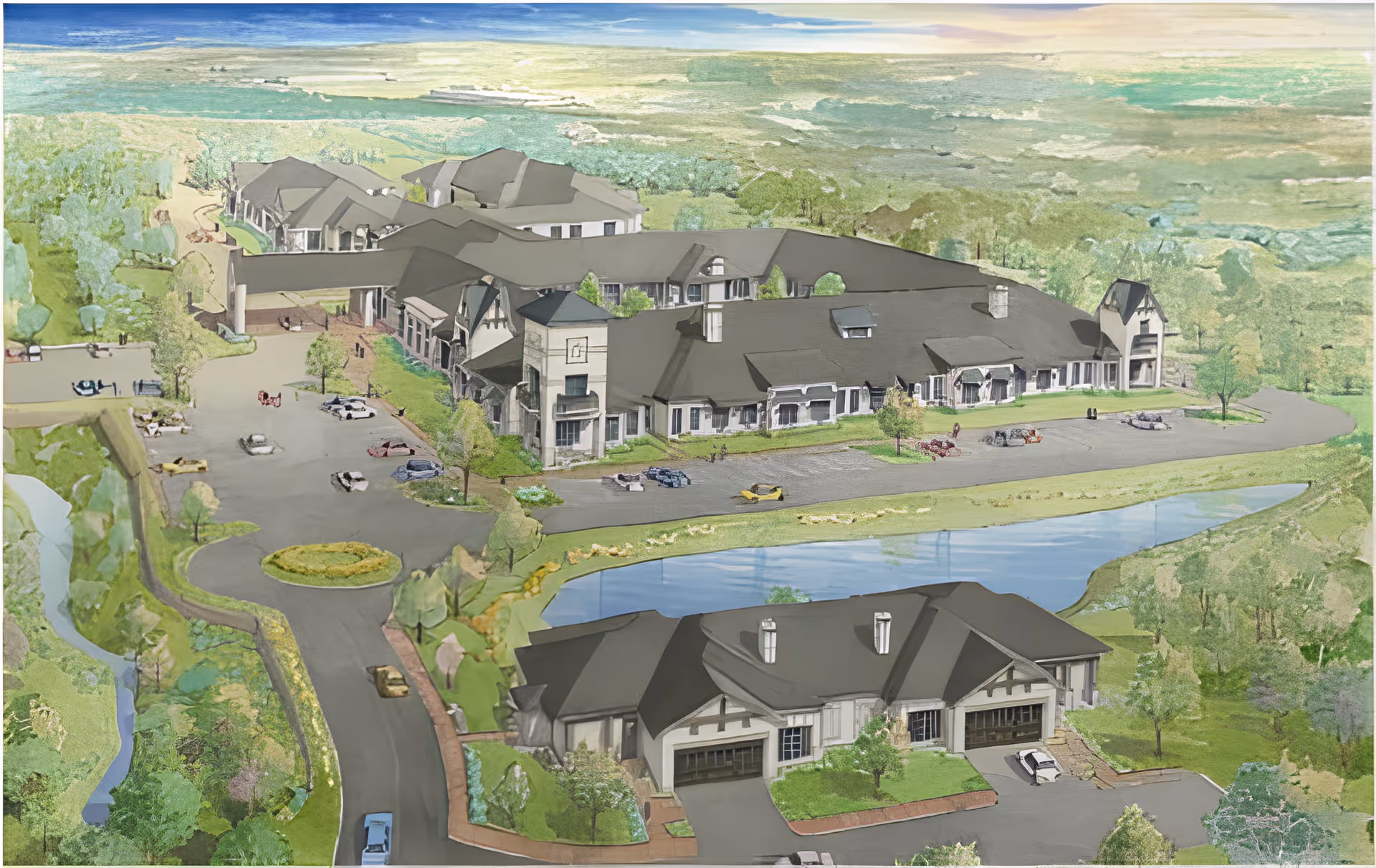 Aerial view of The Preserve at Meridian senior living facility showing multiple buildings with dark roofs, surrounded by greenery, a pond, parking areas with cars, and a circular driveway with landscaping.