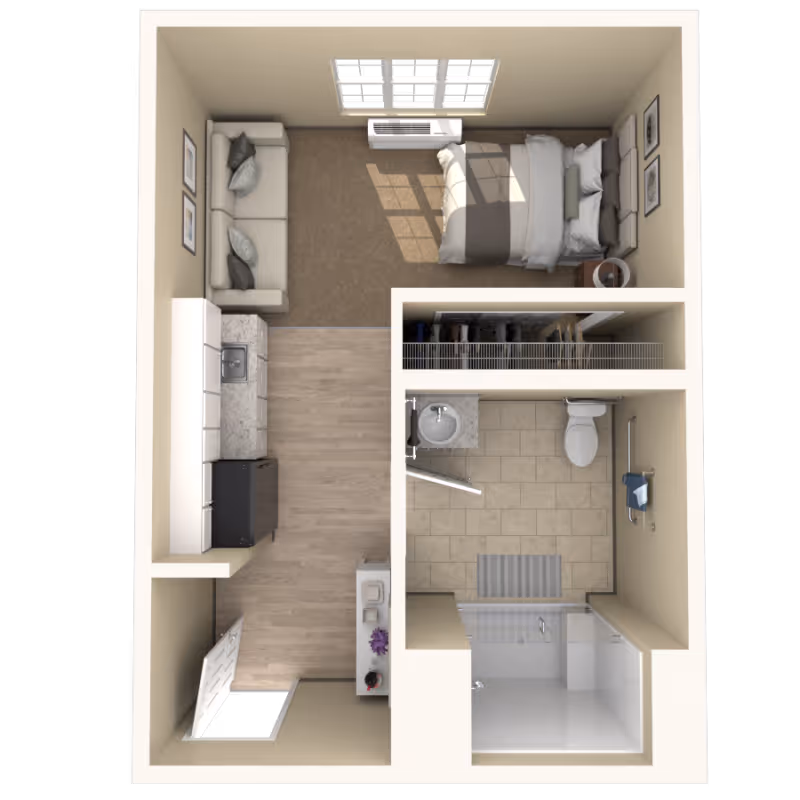 Top-down view of a senior living studio apartment floor plan featuring a bedroom area with a bed and nightstand, a living area with a sofa, a kitchen with cabinets, sink, and refrigerator, a closet, and a bathroom with a sink, toilet, and shower.