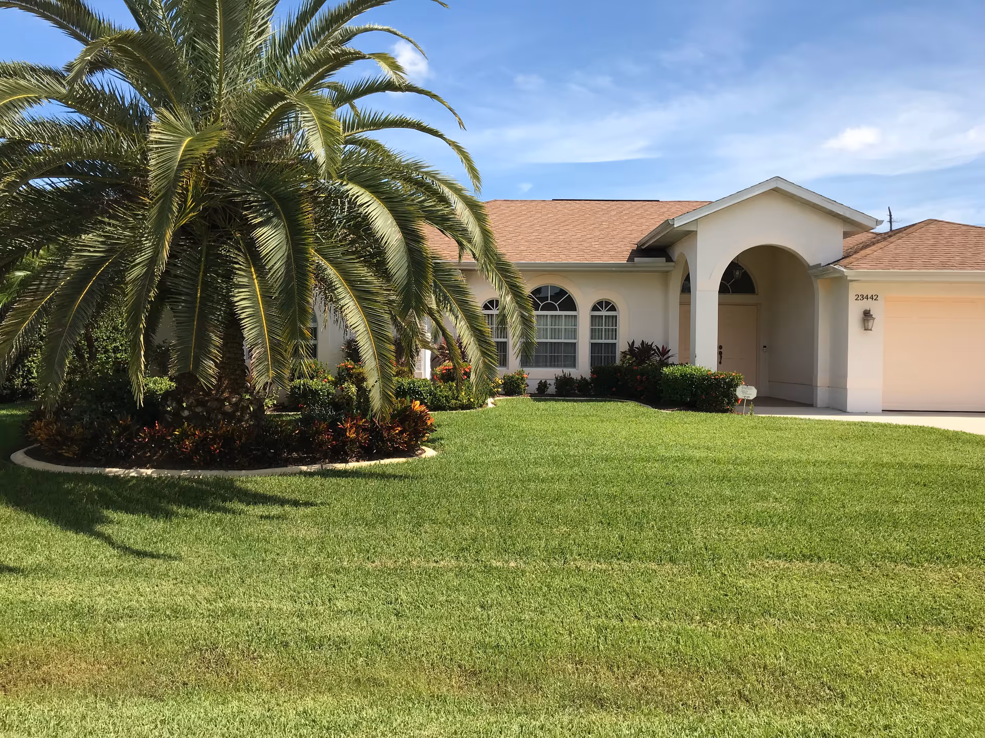 Single-story pale stucco house with an arched front entry, attached garage, large palm tree, and a manicured front lawn.