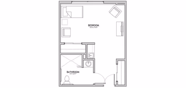 Architectural floor plan of a senior living unit at The Auberge at Oak Village, showing a bedroom area with a bed, chair, and dresser, and an attached bathroom with a toilet, shower, and sink.