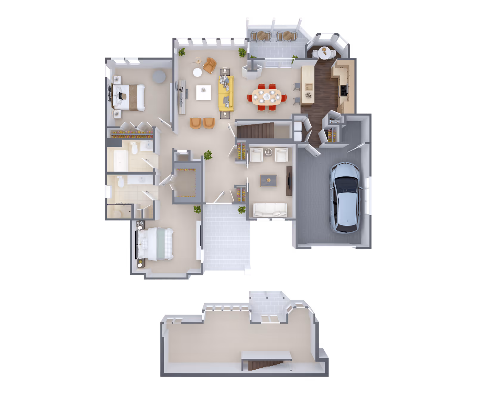 3D floor plan of a residential home showing two bedrooms, two bathrooms, a living room with yellow sofa and two chairs, a dining area with a table and six red chairs, a kitchen with an island and bar stools, a garage with a car, and an additional large open room on a lower level connected by stairs.