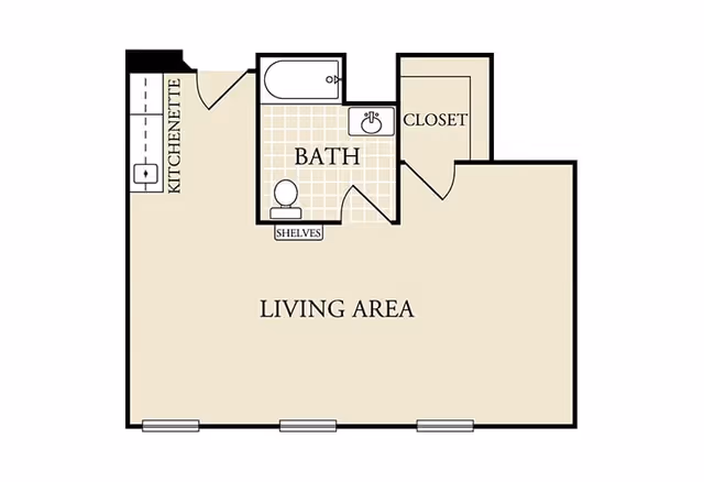 Floor plan of a living space at Heritage Place of Boerne showing a living area, kitchenette, bathroom with bathtub, toilet, sink, and shelves, and a closet.