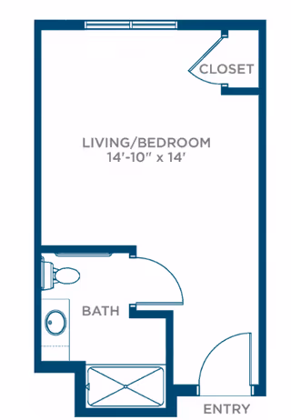 Floor plan of a senior living unit at Somerby Sandy Springs Senior Living showing a combined living and bedroom area measuring 14 feet 10 inches by 14 feet, a closet in the upper right corner, a bathroom with a toilet, sink, and shower, and an entry door at the bottom right.