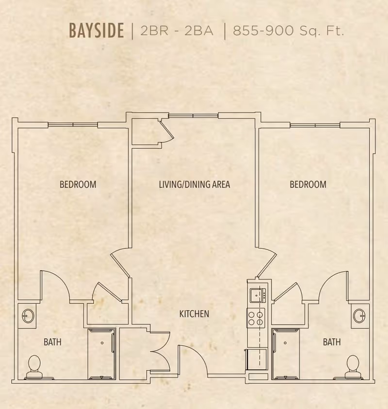 Floor plan of Bayside unit at Seagrass Village of Port Orange showing 2 bedrooms, 2 bathrooms, a kitchen, and a combined living/dining area with an area of 855-900 square feet.