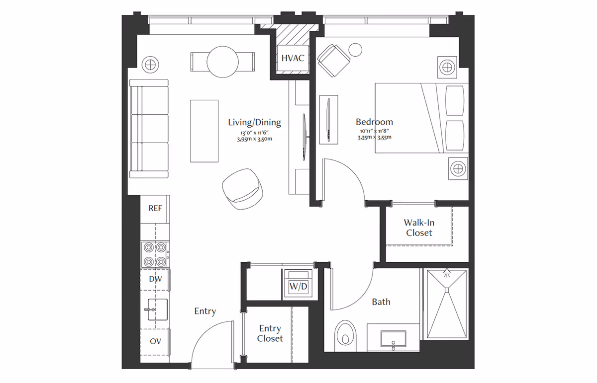Floor plan of a one-bedroom apartment at Coterie Cathedral Hill showing an entry area with closet and washer/dryer, a kitchen with refrigerator, dishwasher, oven, and sink, a living/dining area with sofa, chair, coffee table, and dining table, a bedroom with bed, chair, and walk-in closet, and a bathroom with toilet, sink, and shower.