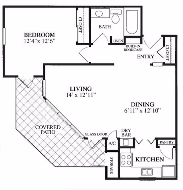 Floor plan of a one-bedroom apartment at Independence Hill Retirement Community showing a bedroom with closet, bathroom with linen closet, entry with built-in bookcase and closet, living room with glass door leading to a covered patio, dining area, kitchen with pantry and dry bar, and storage and A/C closet.