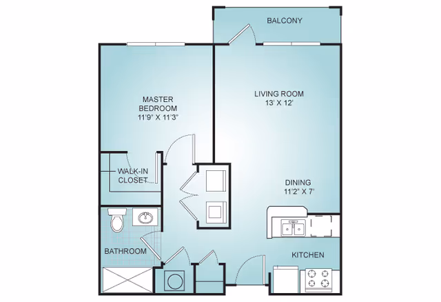 Floor plan of a one-bedroom apartment showing a master bedroom with walk-in closet, bathroom, living room with balcony, dining area, and kitchen.