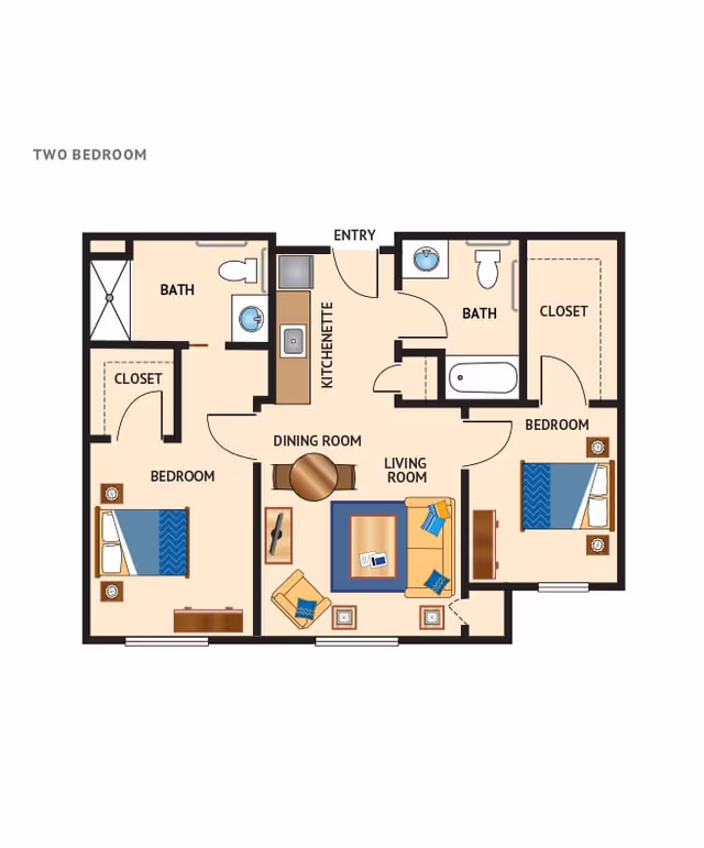 Illustrated two-bedroom apartment floor plan showing an entry, kitchenette, dining room, living room, two bedrooms, two baths, and closets.