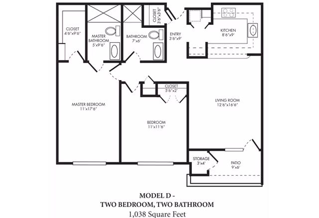 Architectural floor plan of Model D at The Montebello on Academy, showing a two-bedroom, two-bathroom apartment with a total area of 1,038 square feet. The layout includes a master bedroom with a master bathroom and closet, a second bedroom with a closet, a second bathroom, an entry area with a closet, a kitchen, a living room, a storage area, and a patio.