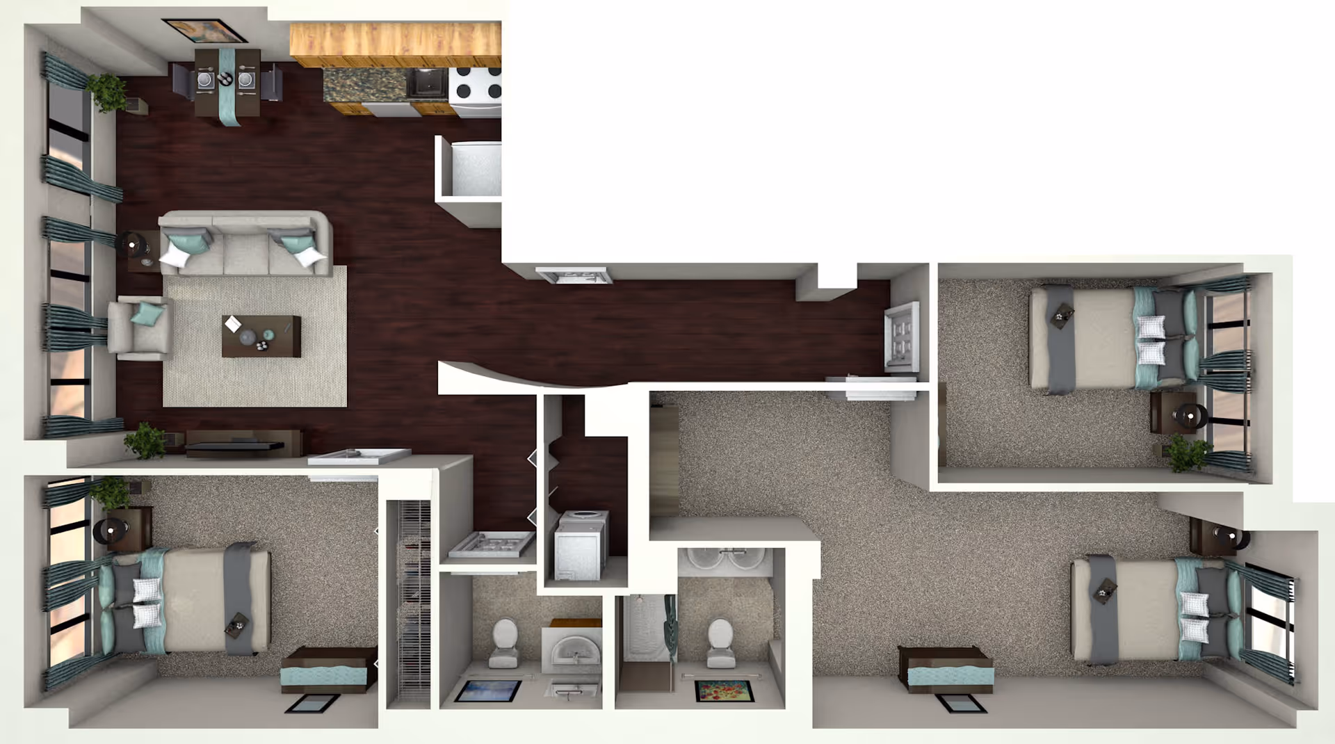 Top-down floor plan of a retirement community apartment showing three bedrooms, two bathrooms, a living room with sofa and chairs, a dining area with table and chairs, and a kitchen with appliances. The bedrooms have beds, nightstands, and windows with curtains. The living and dining areas have dark wood flooring, while the bedrooms and bathrooms are carpeted or tiled.