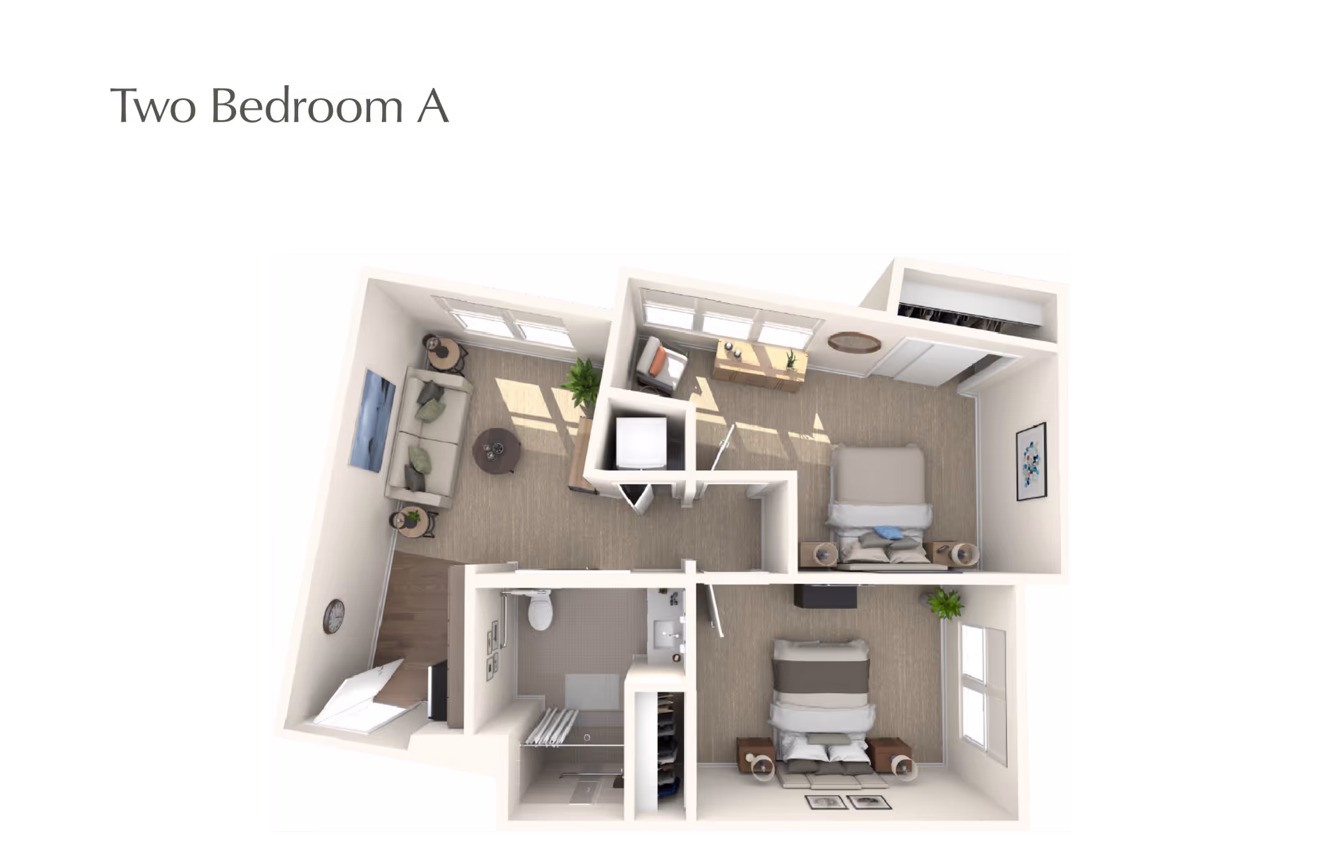 3D floor plan of a two-bedroom apartment labeled 'Two Bedroom A' showing a living room with sofa and coffee table, two bedrooms each with a bed and nightstands, and a bathroom with a shower, toilet, and sink.