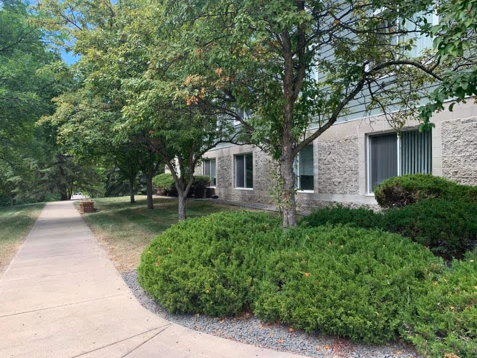 Side view of a building with several windows partially covered by bushes and trees. A concrete sidewalk runs alongside the building, bordered by green grass and more trees, creating a peaceful outdoor environment.