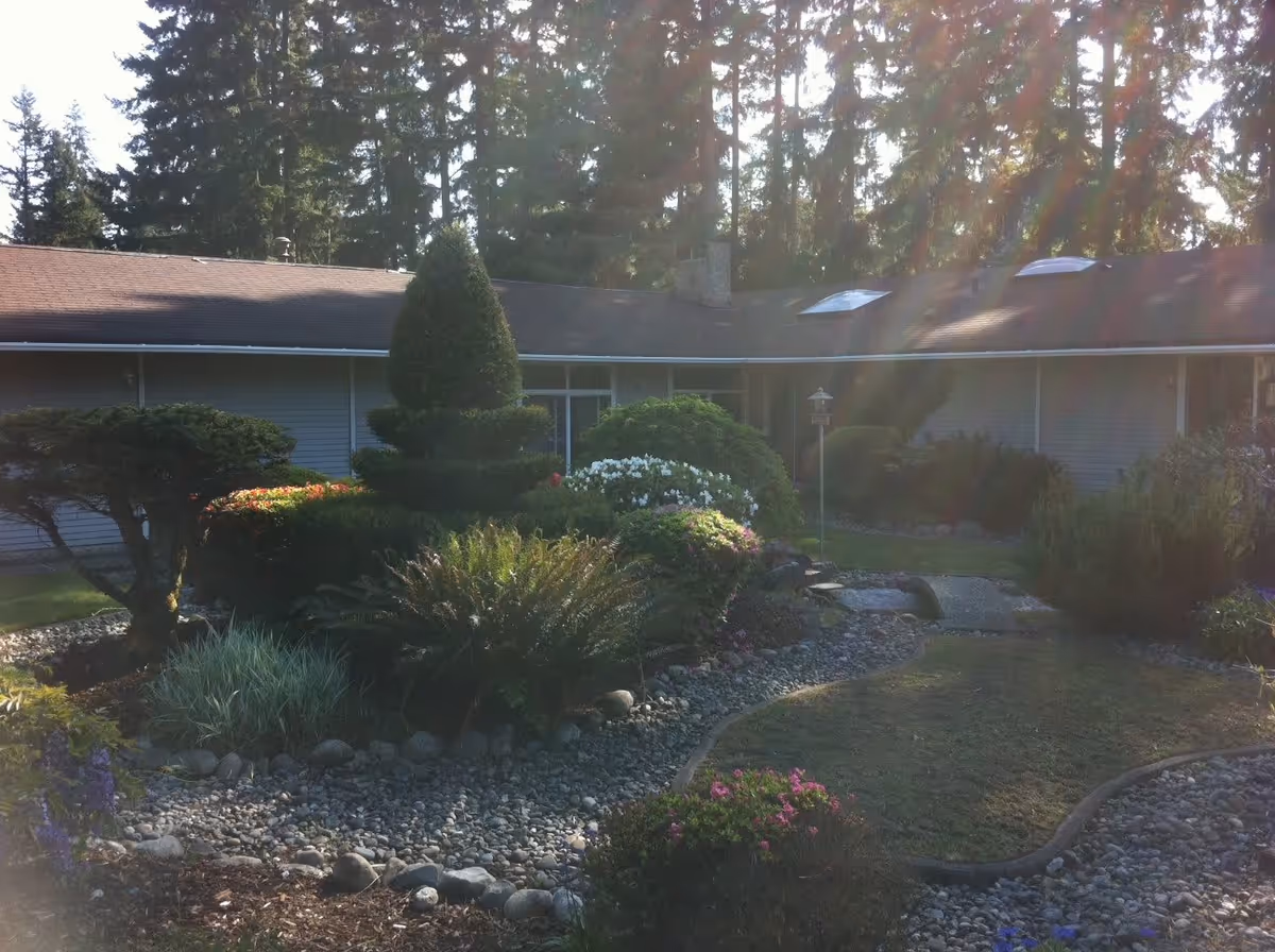 A landscaped garden area in front of a single-story building with a brown roof. The garden features various shrubs, bushes, and flowering plants, with a pathway running through it. Tall trees are visible in the background with sunlight streaming through.