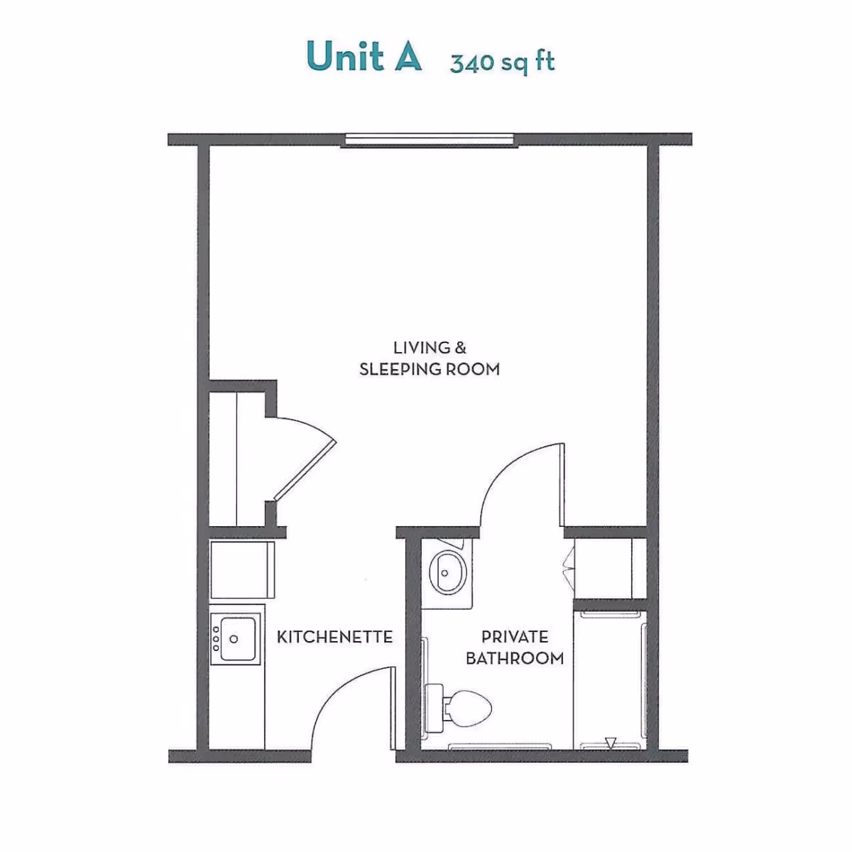 Black-and-white floor plan labeled Unit A 340 sq ft showing a living and sleeping room, kitchenette, and private bathroom.