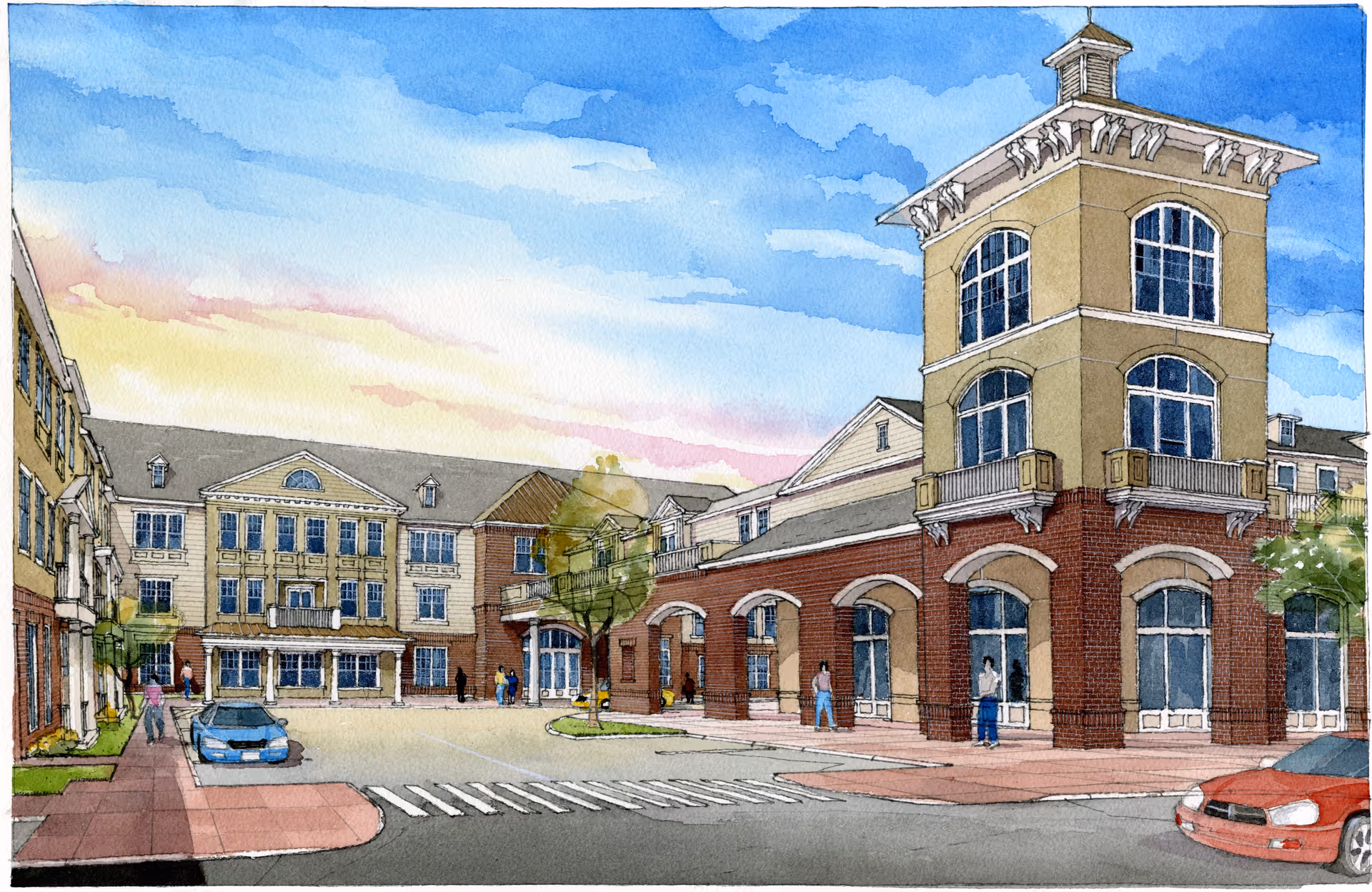 Watercolor illustration of the exterior of a multi-story assisted living facility with a tower-like structure on the right, several windows, and a few people walking near the entrance. There are two cars parked on the street in front of the building under a partly cloudy sky at sunset.