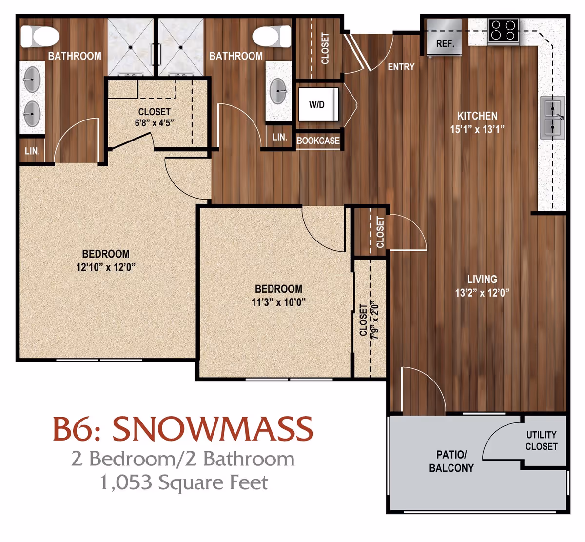 Floor plan of a 2 bedroom, 2 bathroom apartment named B6: Snowmass at Aspen Ridge Active Adult Community, showing dimensions and layout including kitchen, living room, bedrooms, bathrooms, closets, entry, patio/balcony, and utility closet.