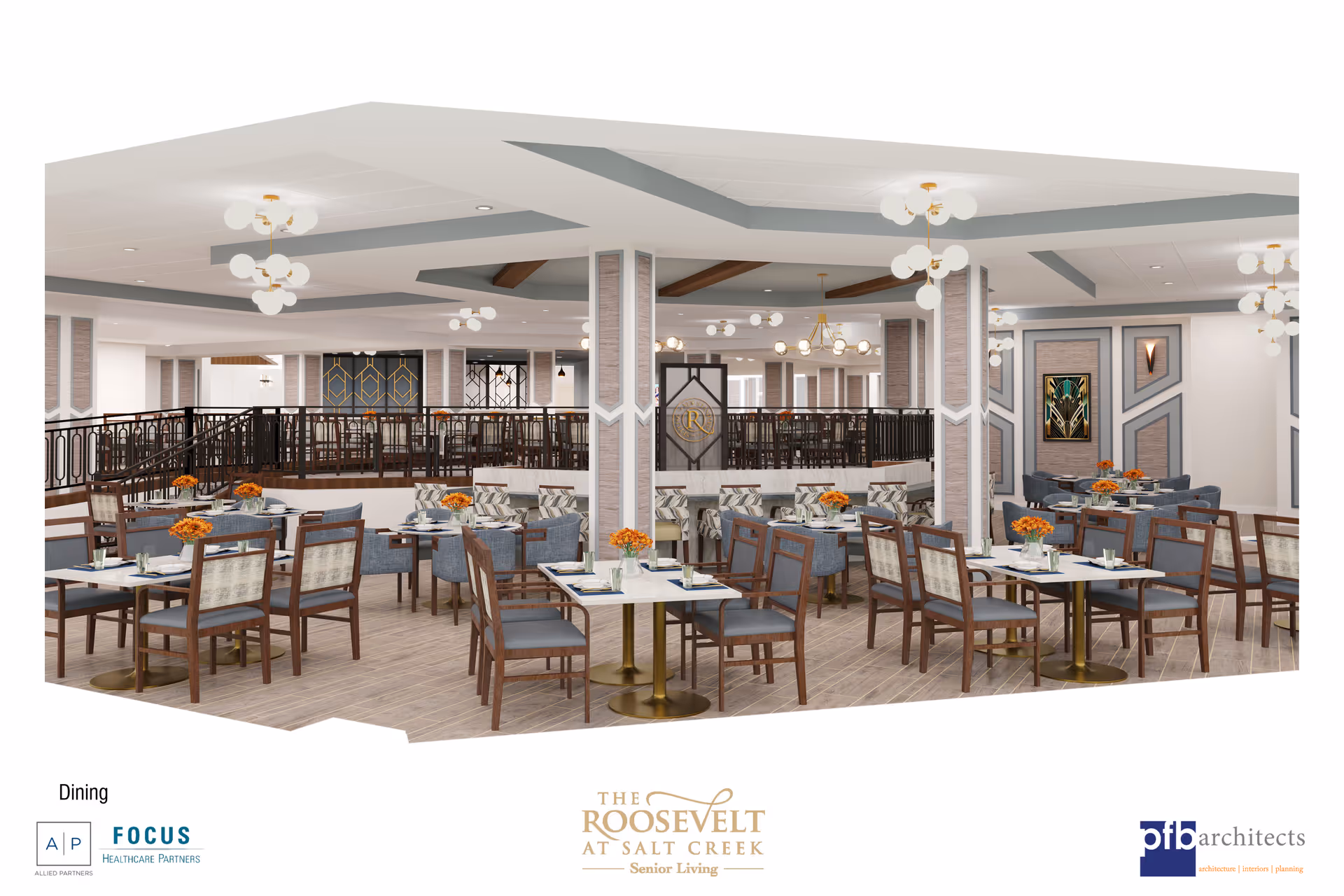 Spacious and elegantly designed dining area in a senior living facility with multiple tables and chairs arranged neatly. The room features modern light fixtures, decorative wall panels, and floral centerpieces on each table. There is a raised seating area with additional tables and chairs, separated by a black railing. The overall decor is warm and inviting with a mix of wood and soft upholstery.