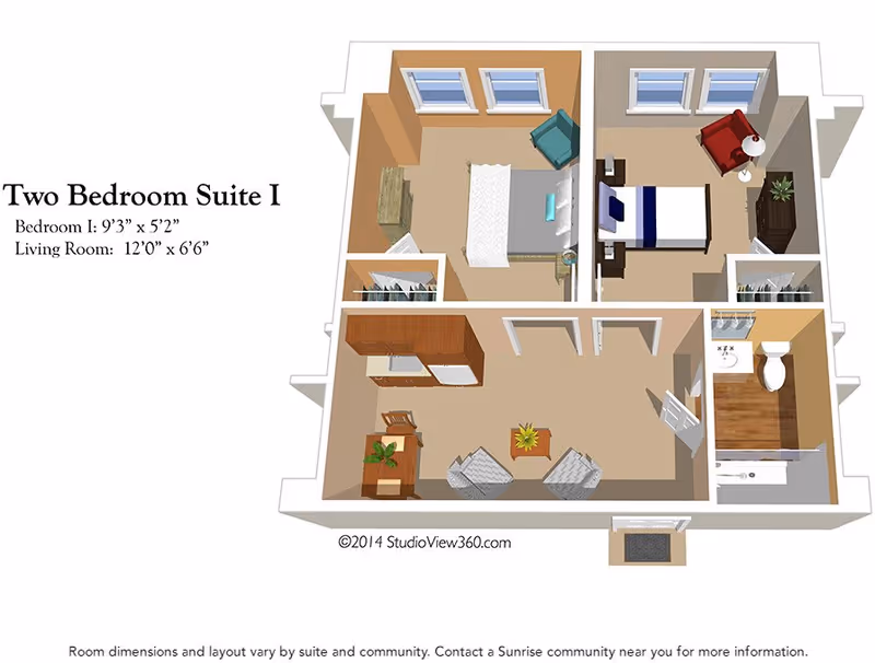 3D floor plan of a two-bedroom suite showing two bedrooms, a living room, a bathroom, and a small kitchen area. The layout includes furniture such as beds, chairs, tables, and cabinets. Dimensions for Bedroom 1 and the living room are provided.