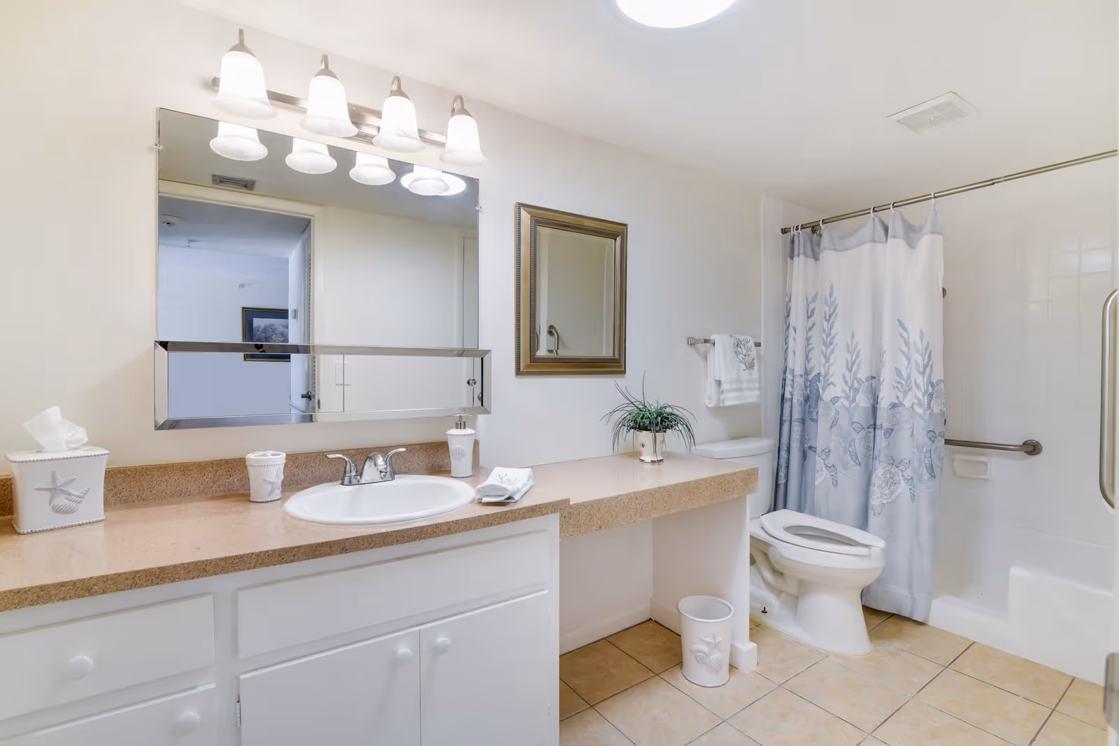 Bright, accessible bathroom with a long vanity and sink, wall mirror, toilet, and a shower/tub with a patterned curtain.